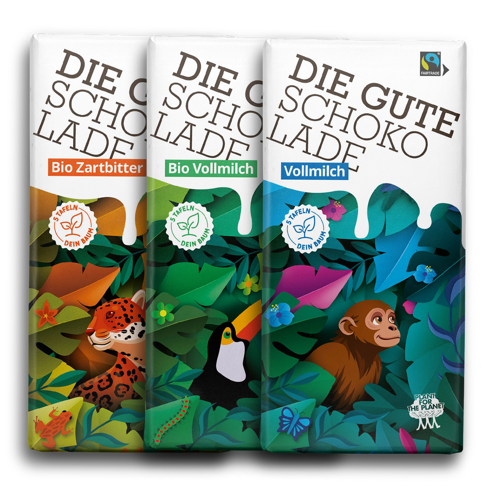 Neue Schokoladenverpackungen mit Tiermotiven: Jaguar auf Bio-Zartbitter, Tukan auf Bio-Vollmilch und Affe auf klassischer Vollmilch